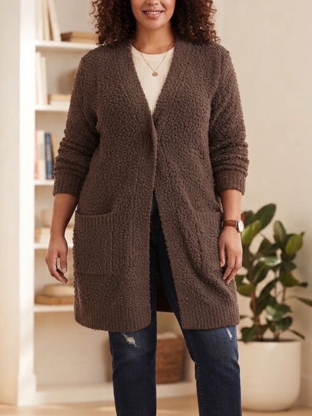 Zenana Outfitters Chocolate Brown Teddy Open-Front Cardigan